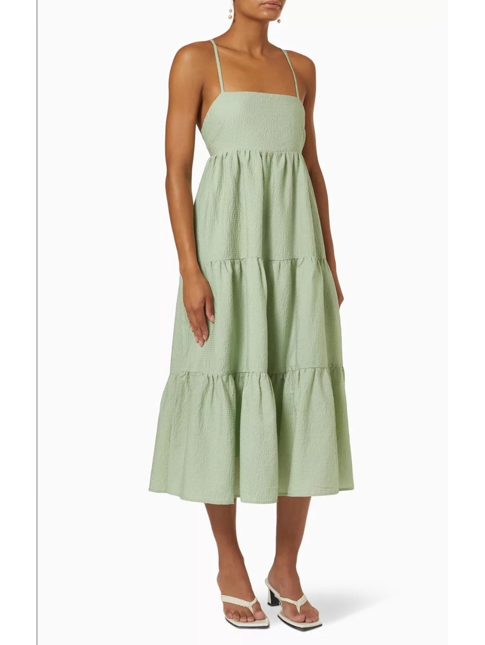 MINKPINK Sage Green Textured Tiered Midi Dress Open Back Tie Size Medium